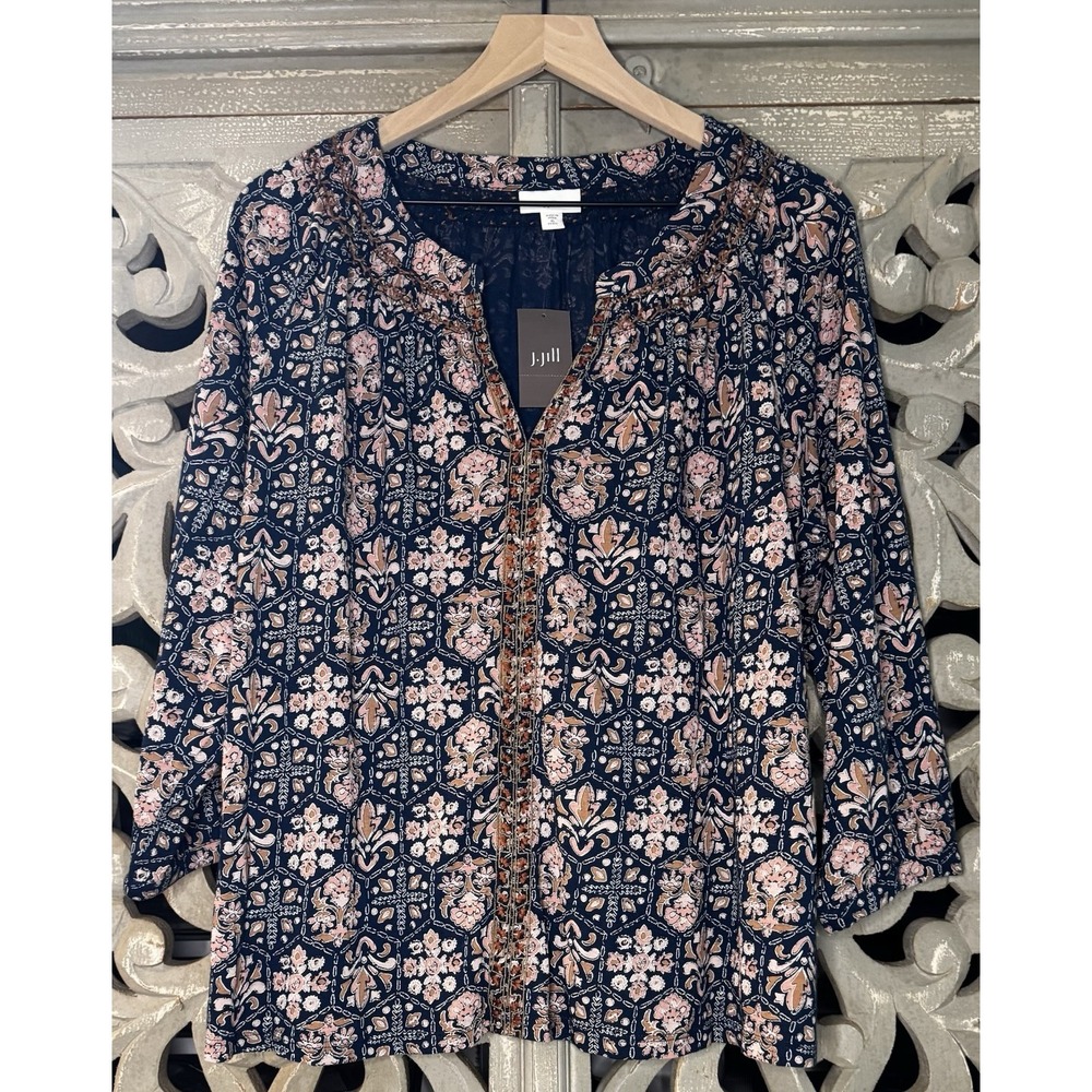 J Jill XL Petite Floral Boho Tunic Top NWT Navy Pink Embroidered Cotton Tencel